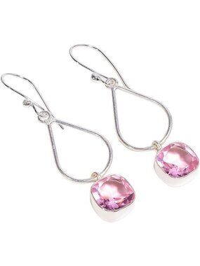 Morganite Cushion Cut Natural Gemstone Dangle Earrings 10x10mm 925 Silver